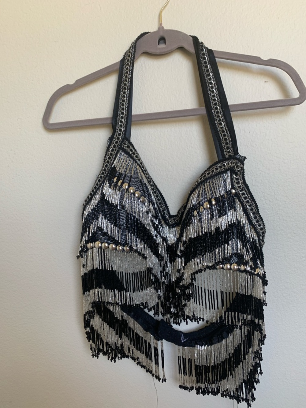 Black & Silver Beaded Fringe Halter Top